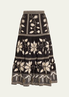 Figue Camryne Floral-Embroidered Tiered Midi Skirt
