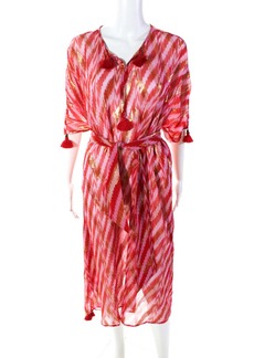 Figue Womens Silk Striped V Neck Kaftan Dress Red Pink