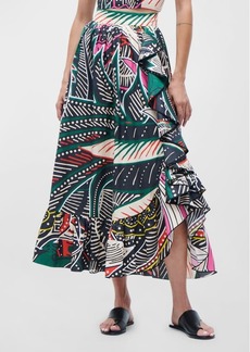 Figue Samira Abstract-Print Ruffle Slit Hem Maxi Skirt