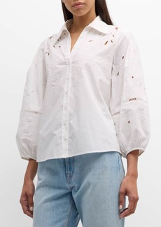 Figue Sharon Broderie Anglaise Blouson-Sleeve Collared Top