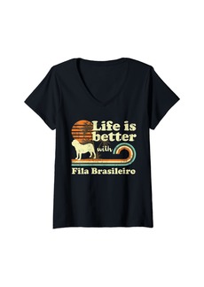 Womens Life Better Fila Brasileiro Vintage Dog Mom Dad V-Neck T-Shirt