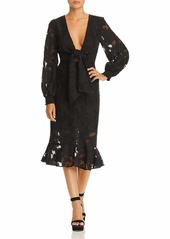 findersKEEPERS Women's Midnight Lace Long Sleeve V Neck Tie Front Midi Dress  m