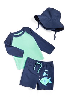 First Impressions Baby Boys Fish Rashguard, Swim Shorts and Hat, 3 Piece Set, Created for Macy's - Navy Sea