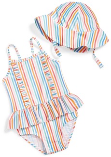 First Impressions Baby Girls Striped One Piece Swimsuit and Hat, 2 Piece Set, Upf 50, Created for Macy's - Bright White