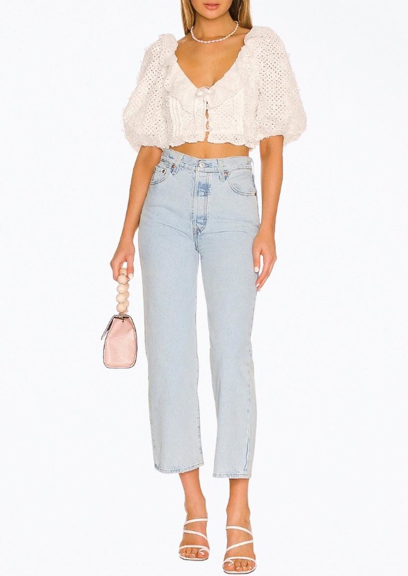 For Love & Lemons Cassie Eyelet Crop Top In White