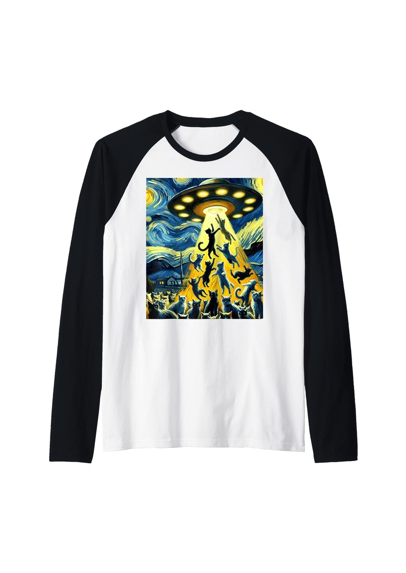 Fossil Aliens Abducting Cats Van Gogh Starry Night Style UFO Raglan Baseball Tee