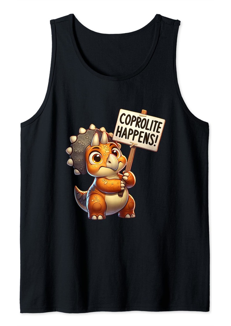 Fossil Coprolite Happens Triceratops with Sign Dinosaur Humor Tank Top