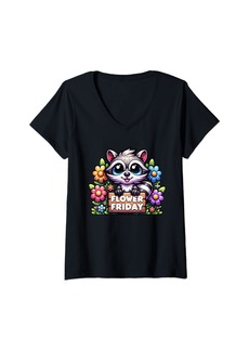 Fossil Womens Raccoon in Flower Garden Flower Friday Garden Life V-Neck T-Shirt
