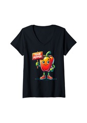 Fossil Womens Team Pepper Bell Pepper Mascot Funny Vegetable Gardening V-Neck T-Shirt