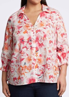 Foxcroft Alexis Floral Smocked Sleeve Cotton Popover Top