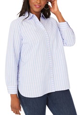 Foxcroft Anya Stripe Non-Iron Cotton Blend Tunic Blouse (Plus Size)