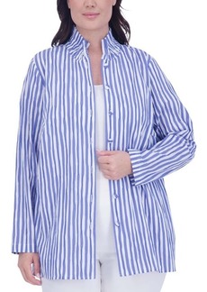 Foxcroft Carolina Stripe Crinkled Cotton Blend Button-Up Shirt