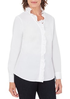 Foxcroft Gwen Stretch Ruffle Button-Up Shirt in White at Nordstrom