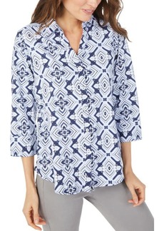 Foxcroft Mary Floral Geometric Print Button-Up Top