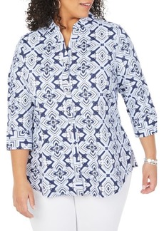Foxcroft Mary Floral Geometric Print Shirt in Soft Indigo at Nordstrom