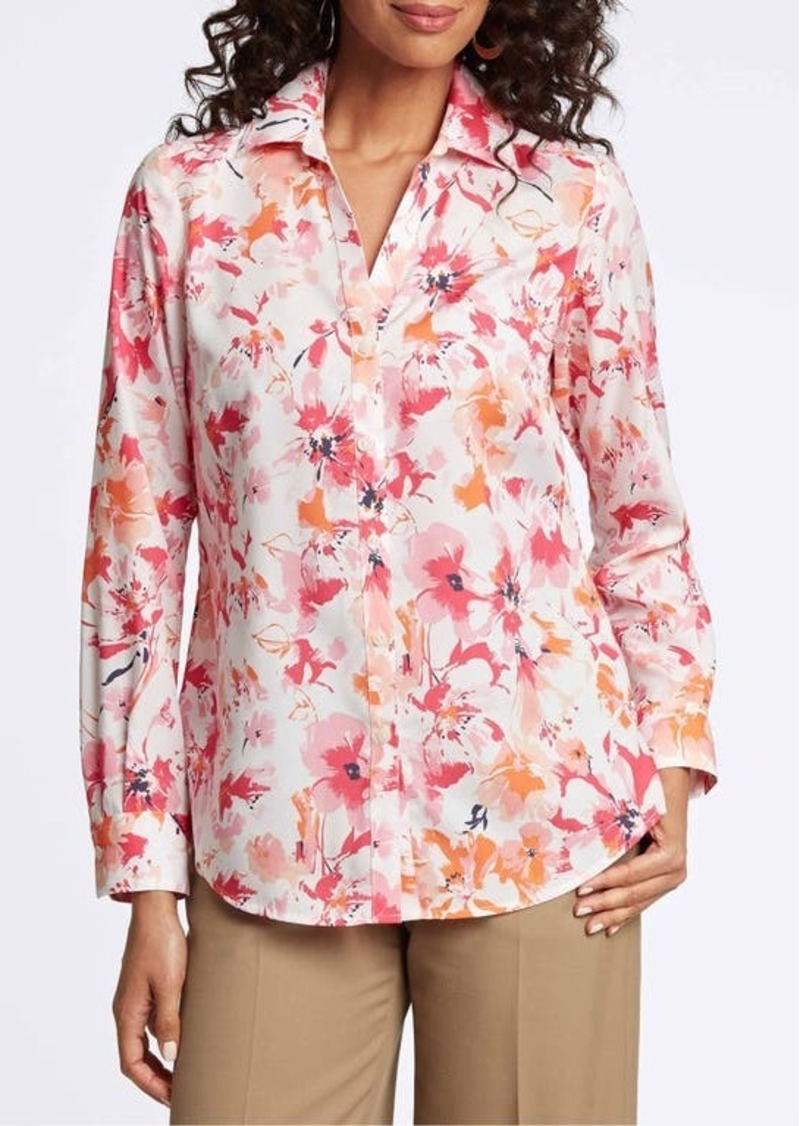 Foxcroft Mary Watercolor Print Cotton Button-Up Shirt