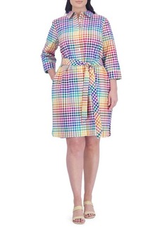 Foxcroft Rocca Rainbow Gingham Belted Three-Quarter Sleeve Cotton Shirtdress