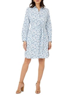 Foxcroft Rocca Watercolor Print Long Sleeve Cotton Shirtdress in Blue Breeze at Nordstrom
