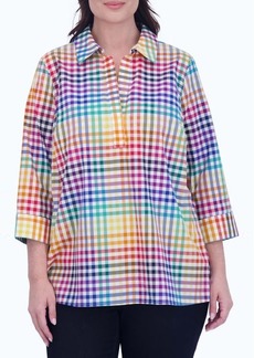 Foxcroft Sophia Rainbow Gingham Three-Quarter Sleeve Cotton Popover Shirt