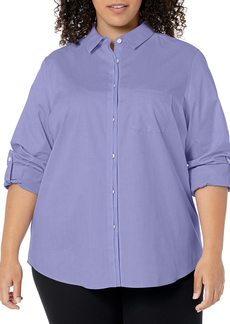 Foxcroft Women's Plus Size Charlie Long Sleeve with ROLL TAB Solid Pinpoint Blouse IRIS Bloom 24W