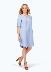 Foxcroft Womens Notched V Neck 3/4 SLV. Non-Iron Chambray Linen Dress Malibu   One Size
