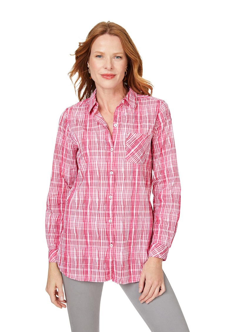 Foxcroft Women's Germaine Long Sleeve Purely Plaid Tunic Rose RED