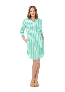 Foxcroft Women's Plus Size Sloane 3/4 Sleeve Beach Stripe Crinkle Dress SEA Mist 20W