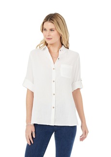 Foxcroft Women's Plus Size Tamara 3/4 Sleeve ROLL TAB Gauze Shirt