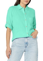 Foxcroft Women's Plus Size Tamara 3/4 Sleeve ROLL TAB Gauze Shirt SEA Mist