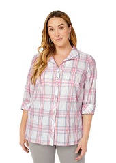 Foxcroft womens Rhett 3/4 Sleeve Plaid Crinkle Blous Tunic Shirt   US