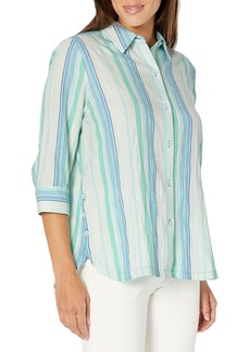 Foxcroft Women's Plus Size THEA 3/4 Sleeve Oasis Stripe Shirt SEA Mist