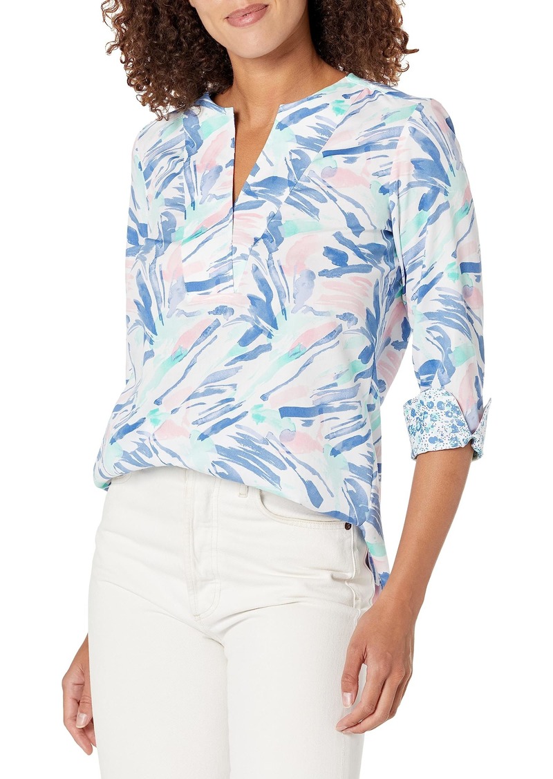 Foxcroft Women's VENA 3/4 Sleeve Tropical Paint Strokes Shirt