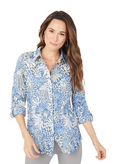 Foxcroft Women's Zoey Long Sleeve with ROLL TAB Blue Botanical Blouse