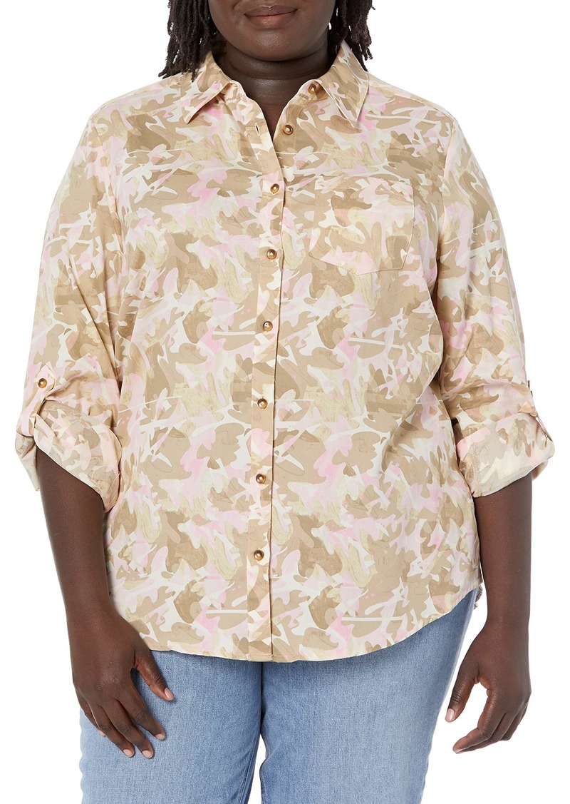 Foxcroft Women's Zoey Long Sleeve with ROLL TAB Cozy CAMO Blouse