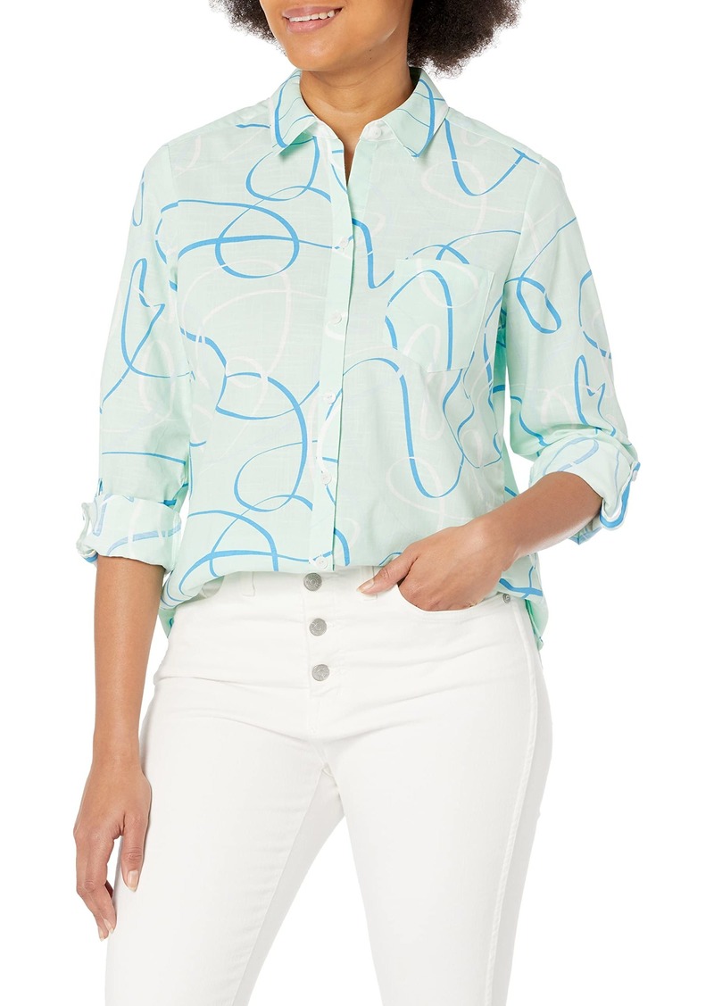 Foxcroft Women's Zoey Long Sleeve with ROLL TAB Sun Swirls Shirt SEA Mist