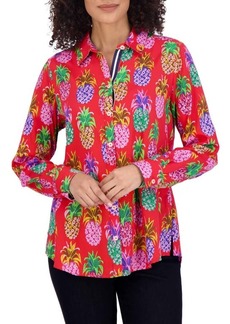 Foxcroft Zoey Pineapple Print Cotton Button-Up Shirt