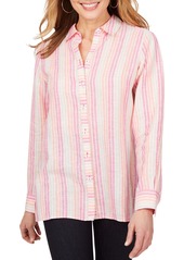 Foxcroft Journey Stripe Linen Chambray Shirt in Cabana Pink at Nordstrom