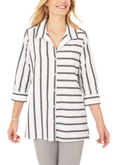 Foxcroft Santino Stripe Cotton Button-Up Blouse in Black/White Stripe at Nordstrom