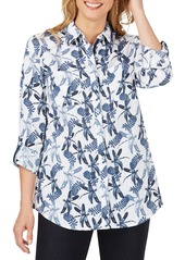 Foxcroft Zoey Dragonfly Print Cotton Slub Button-Up Shirt in Blue Jean at Nordstrom