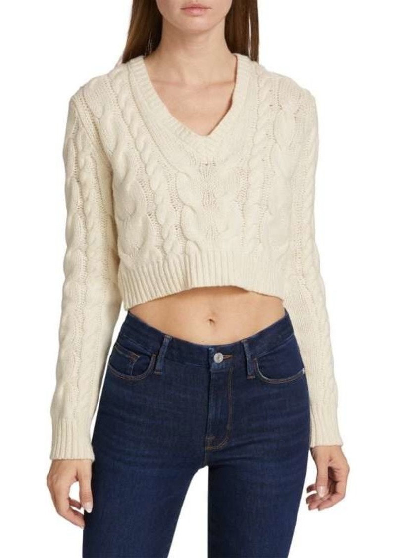 FRAME Cropped Cable Knit V Neck Sweater
