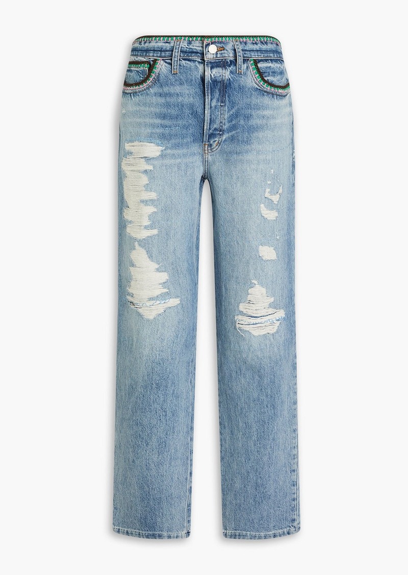 FRAME - Julia Sarr-Jamois crochet-trimmed distressed high-rise boyfriend jeans - Blue - 25