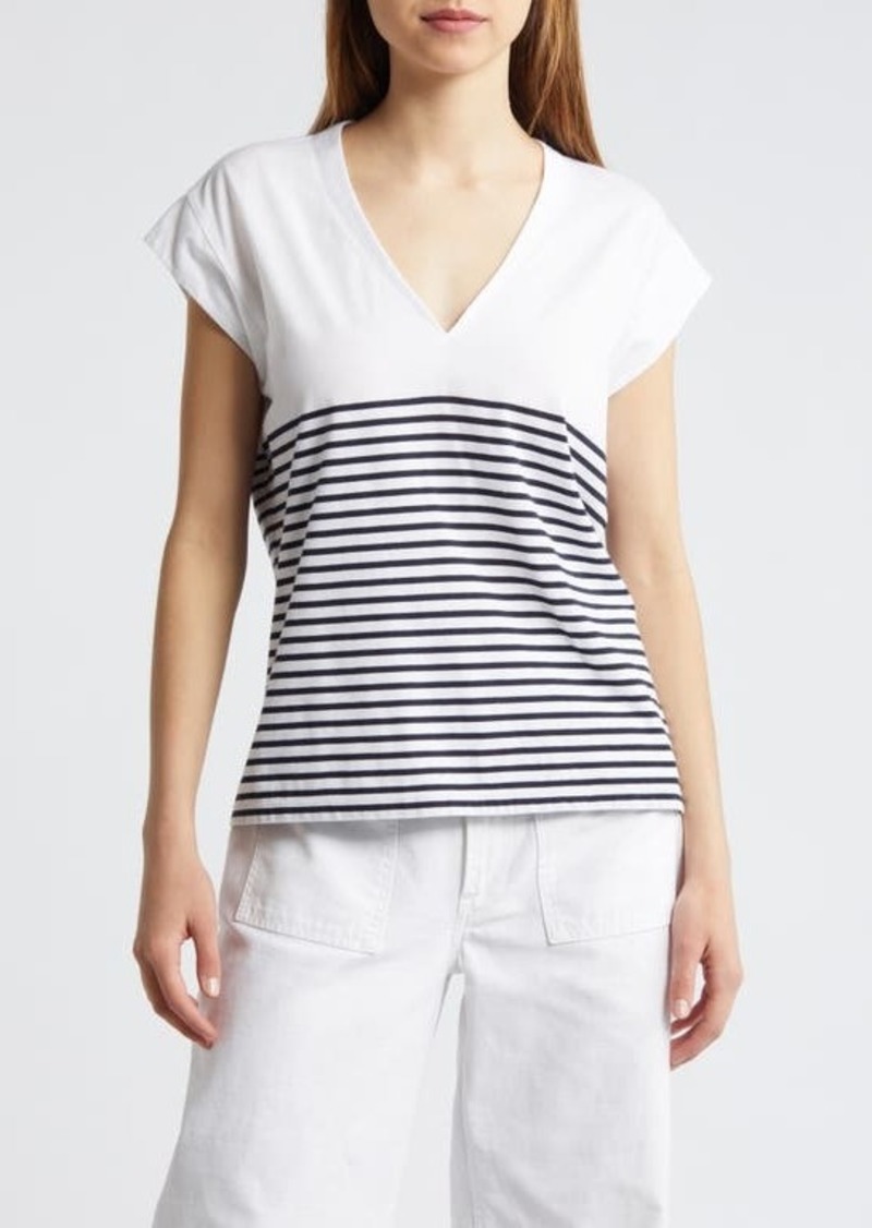 FRAME Le Mid Rise Stripe V-Neck Supima Cotton T-Shirt