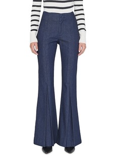 Frame Pleated High Rise Long Flare Denim Trousers in Rinse