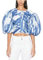 FRAME Puff Sleeve Crop Cotton Blend Blouse in Indigo Multi at Nordstrom