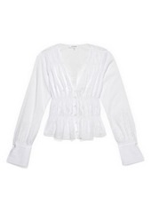 FRAME Ruched Button Front Cotton Blouse in Blanc at Nordstrom