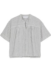 Frame Woman Gathered Striped Linen And Cotton-blend Shirt Off-white