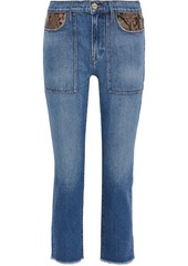 Frame Woman Le High Straight Snake-effect Leather-trimmed Mid-rise Straight-leg Jeans Mid Denim