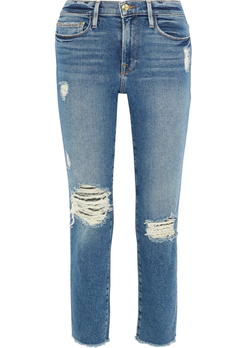 Frame Woman Le Nouveau Cropped Distressed Mid-rise Straight-leg Jeans Mid Denim