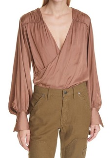 FRAME Wrap Front Balloon Sleeve Satin Blouse in Bronze at Nordstrom