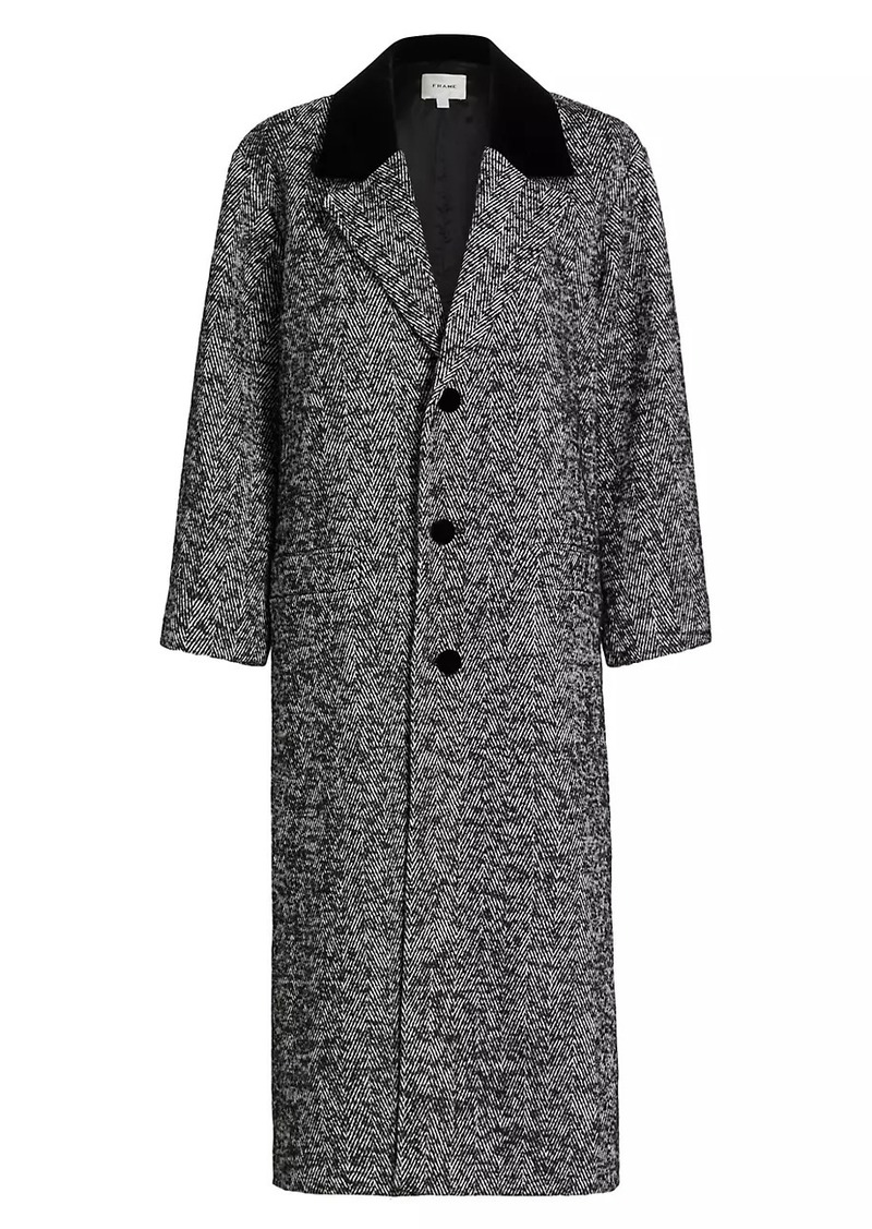 FRAME Herringbone Velvet-Trim Long Coat